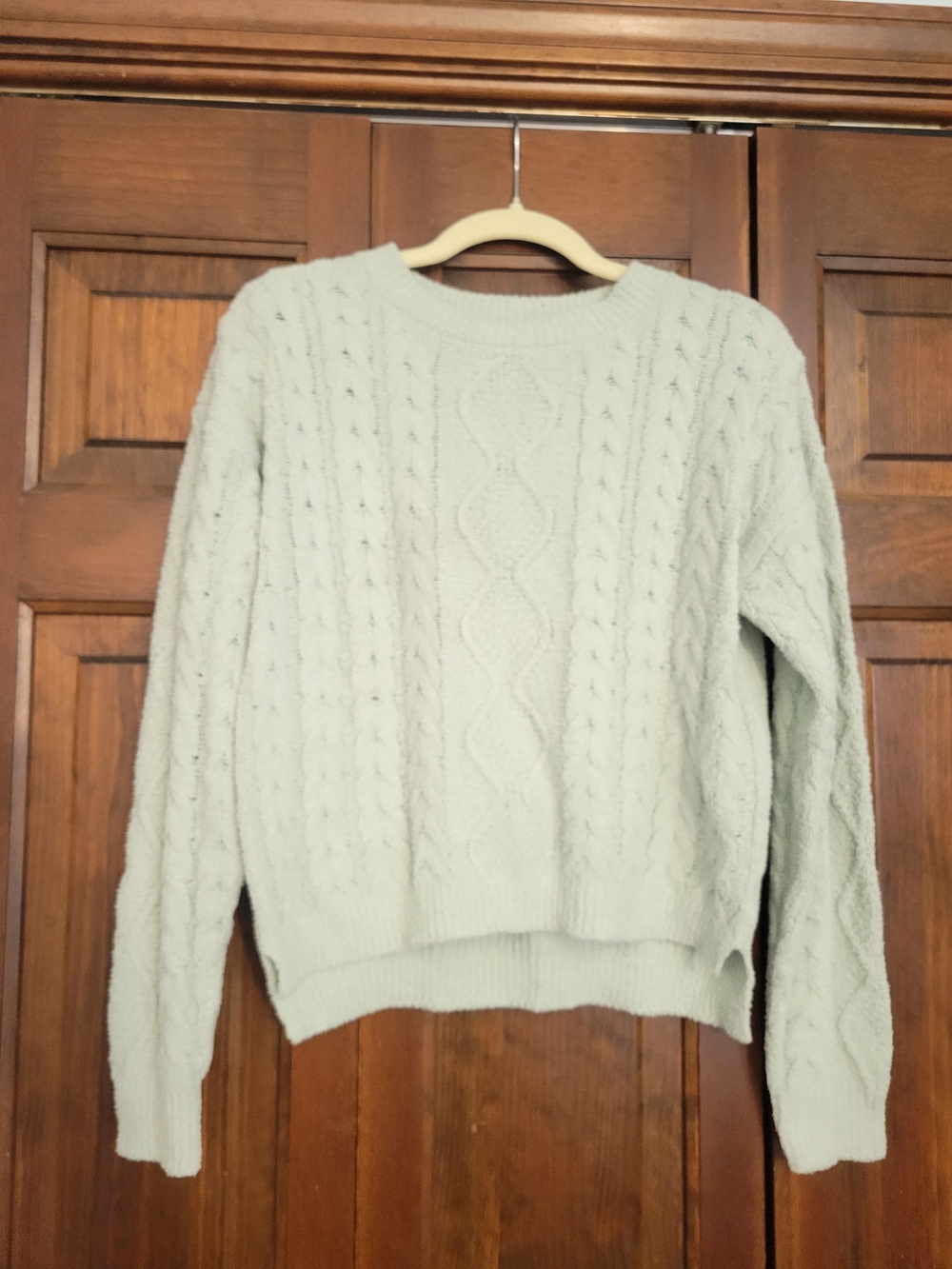 Pink Rose Mint Cable Knit Crewneck Sweater